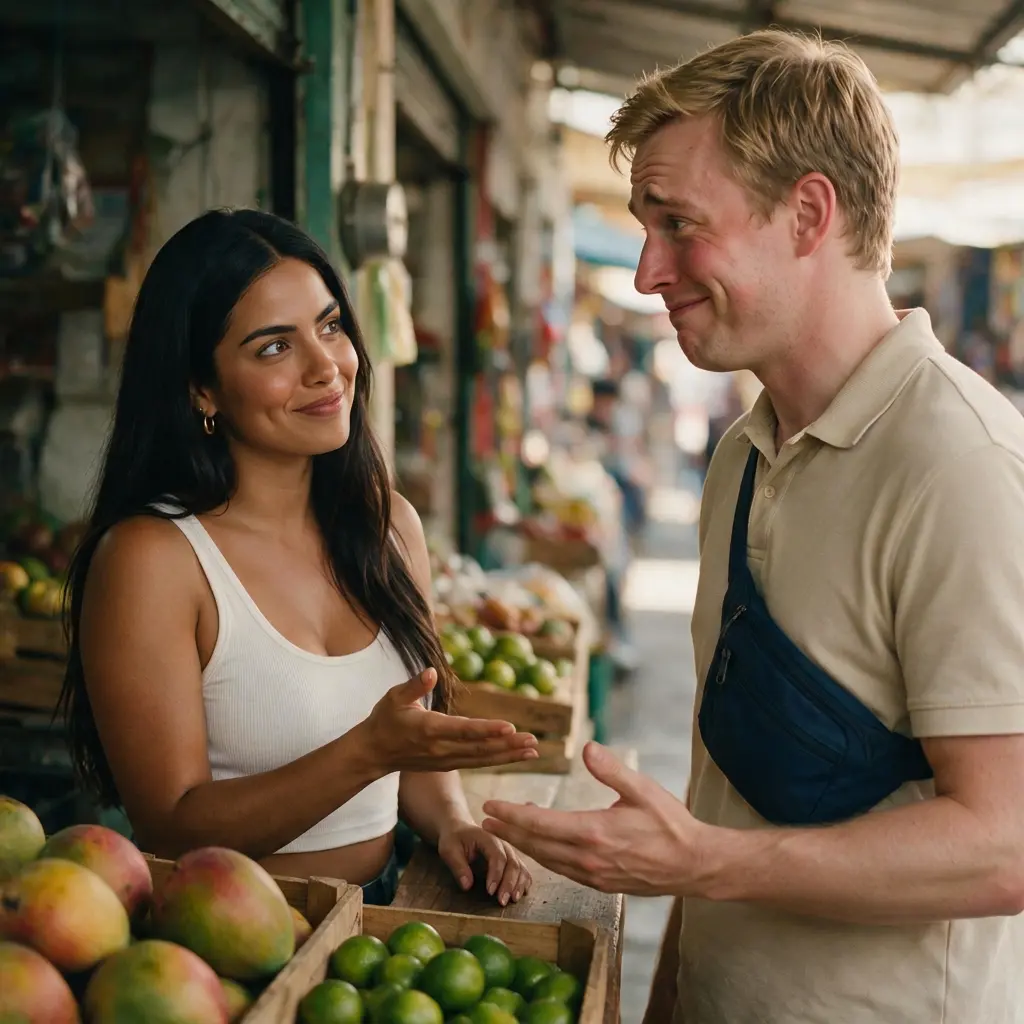 Two people deep in conversation at a market stall in Mexico