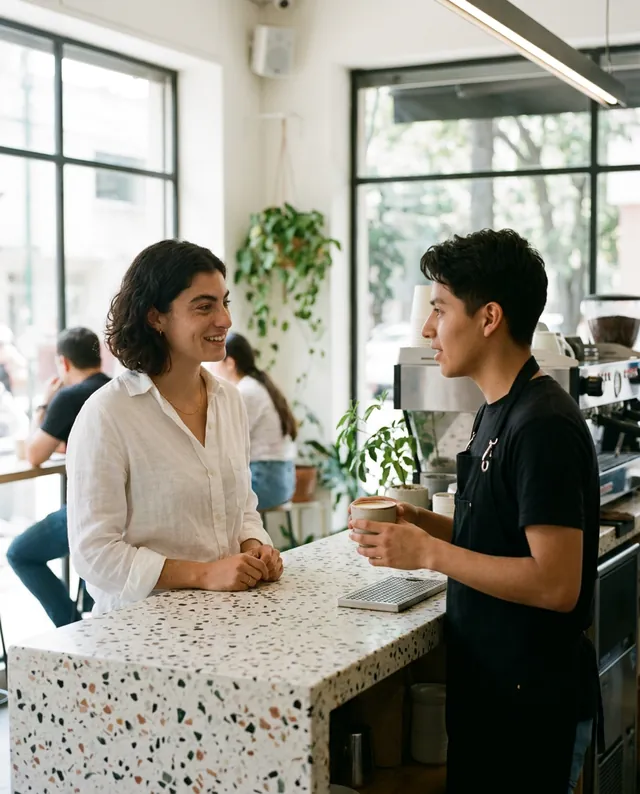 Chloe, in a white linen blouse, chats with a young barista across a terrazzo café counter in Mexico City