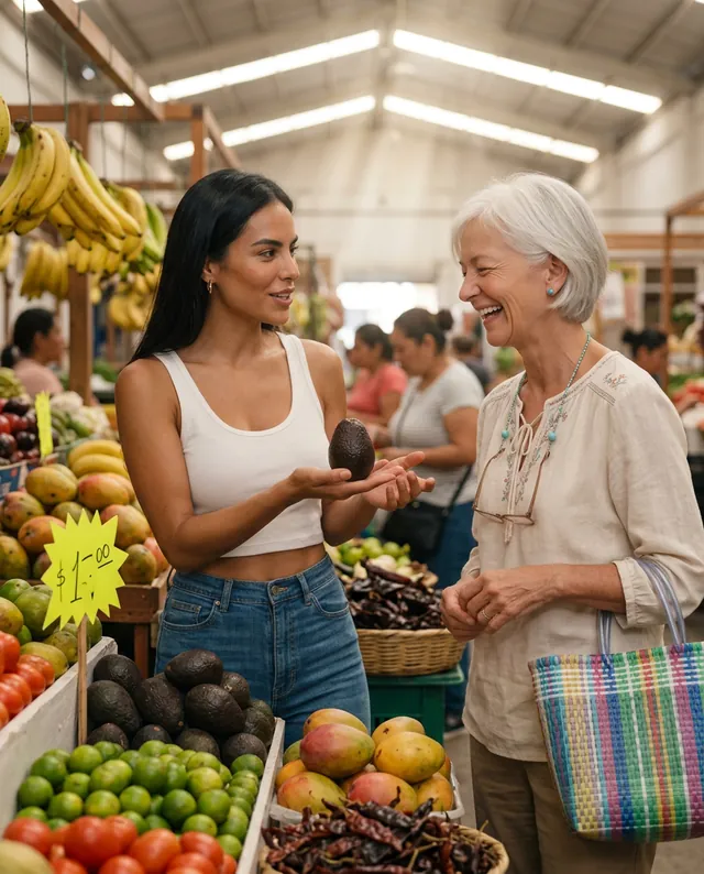 At a market fruit stall, Valentina holds up an avocado to Diane, who laughs with a striped market bag on her arm